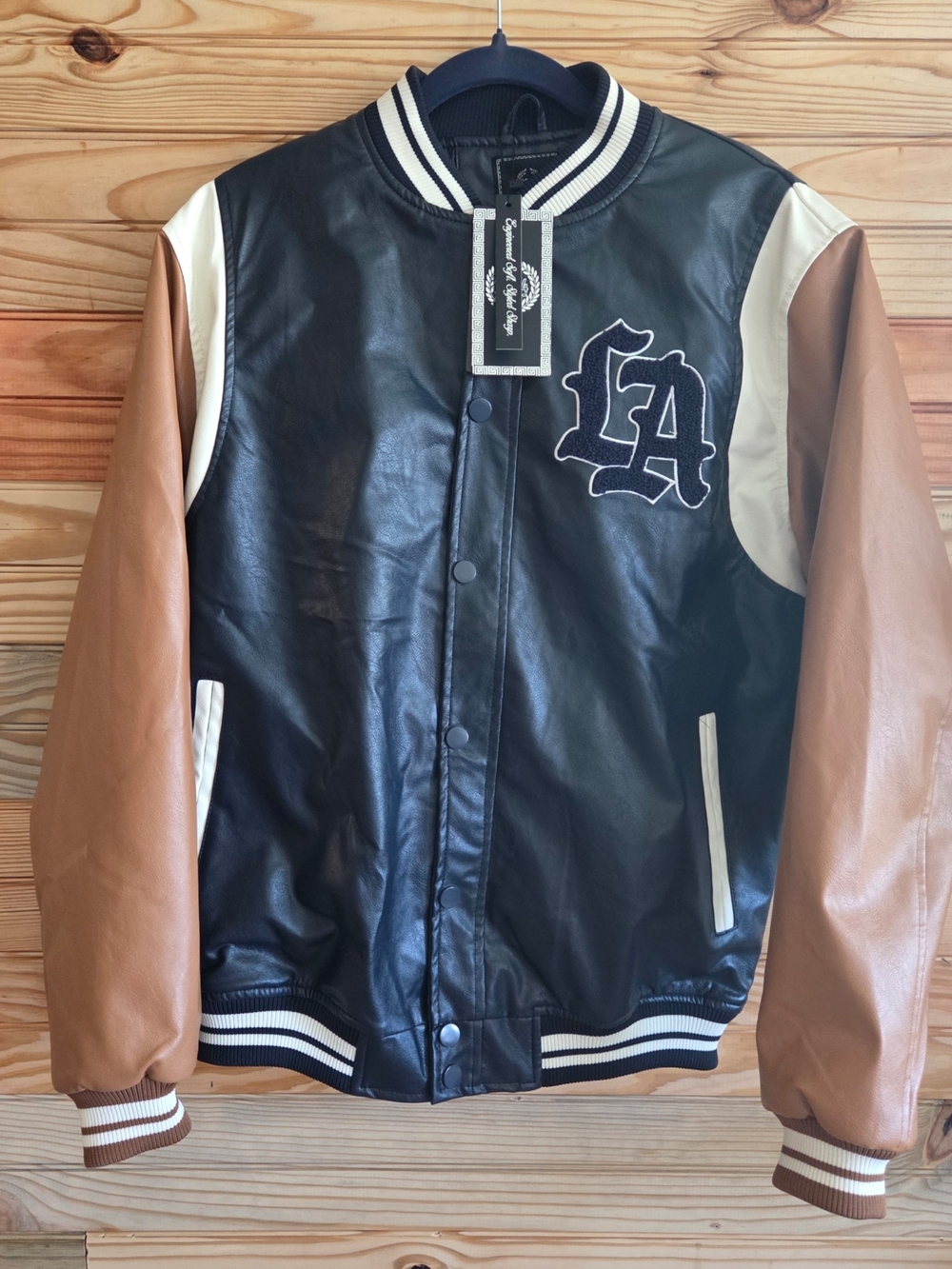 LA Varsity Bomber Jacket in Black, Brown & Cream
